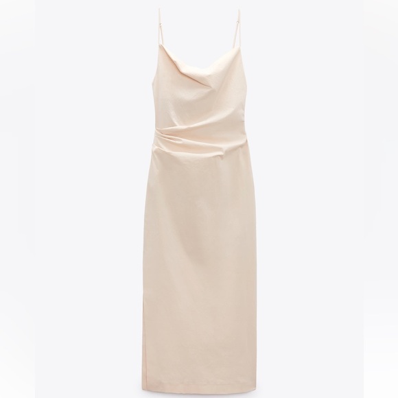 Zara DRAPED MIDI DRESS. Ecru. Size XS. NWT. - Picture 6 of 9